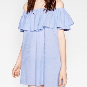 Zara: Blue & white off the shoulder dress
